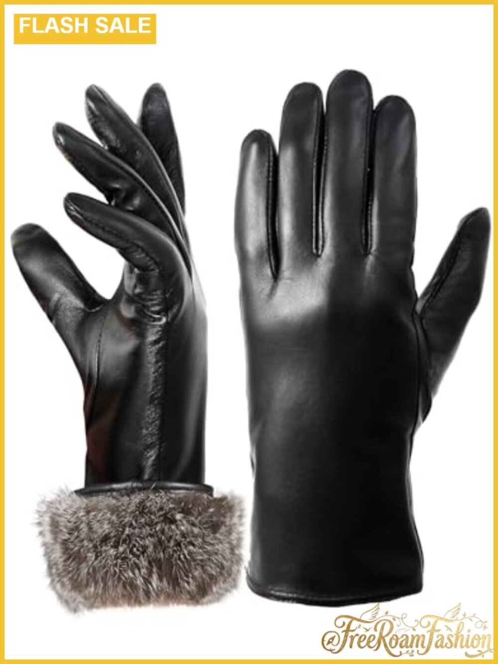 Rabbit Fur Lined Lambskin Leather Gloves Touchscreen Texting Driving